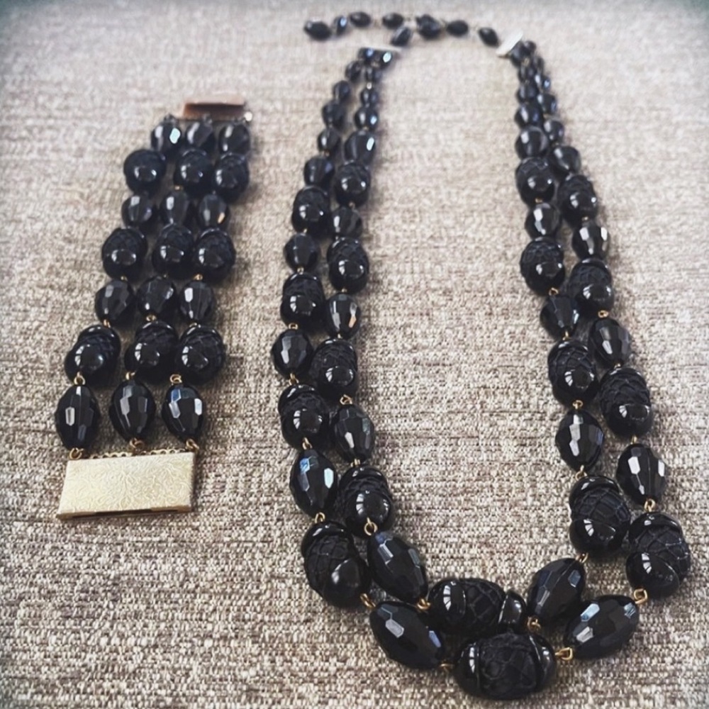 Vintage Black Faceted Glass & Fabric Bead Mourning Necklace & Bracelet Bundle